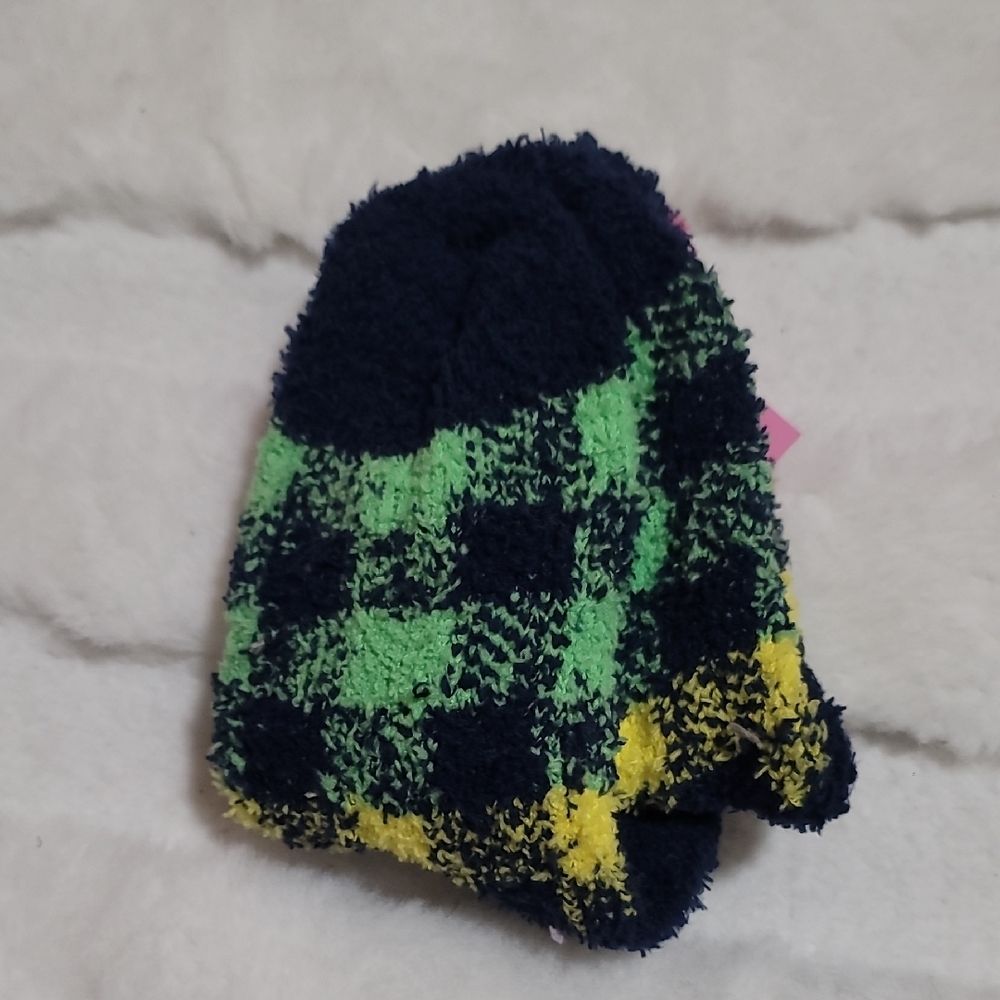 Snuggle Feet Fuzzy Green, Yellow, and Black Checkered Socks